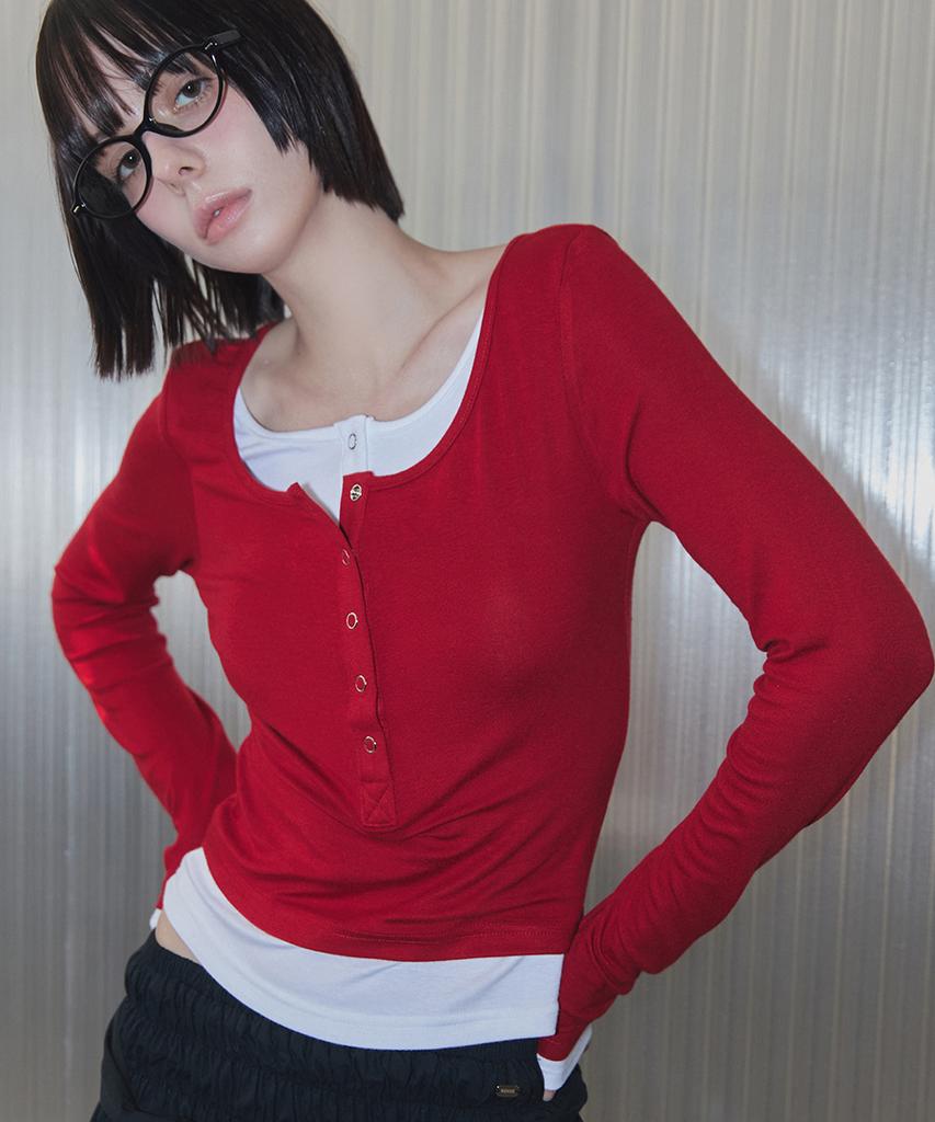 Lense Henley Neck Layered T-Shirt Red