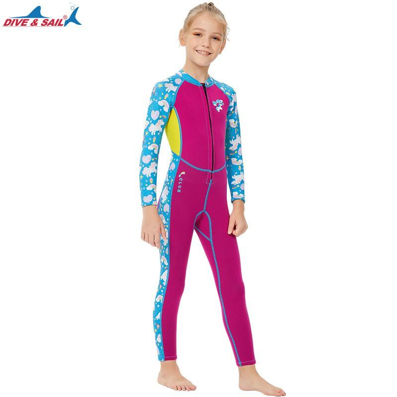 Kids 2.5mm Neoprene Wetsuit Girls Long Sleeve Full Body Swimwear Snorkeling Surfing Water Sports
