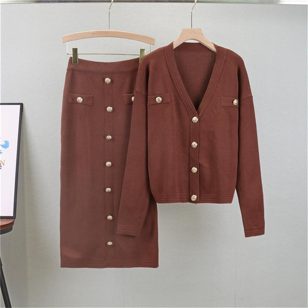 Cardigan Sweater Half Body Wrapped Hip Skirt Two Piece Set Women's Autumn And  Wnter Knitted Set