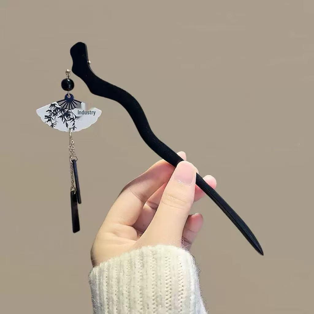 2024 Trendy Retro Chinese Ink Bamboo Fan Tassel Hairpin for Women