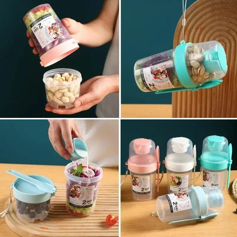 2Tier Salad Cup Breakfast Fruit Oat Yogurt Salad Cup With Spoon Two Layer Food Portable Fitness Weight Reducing Food Storage Cup