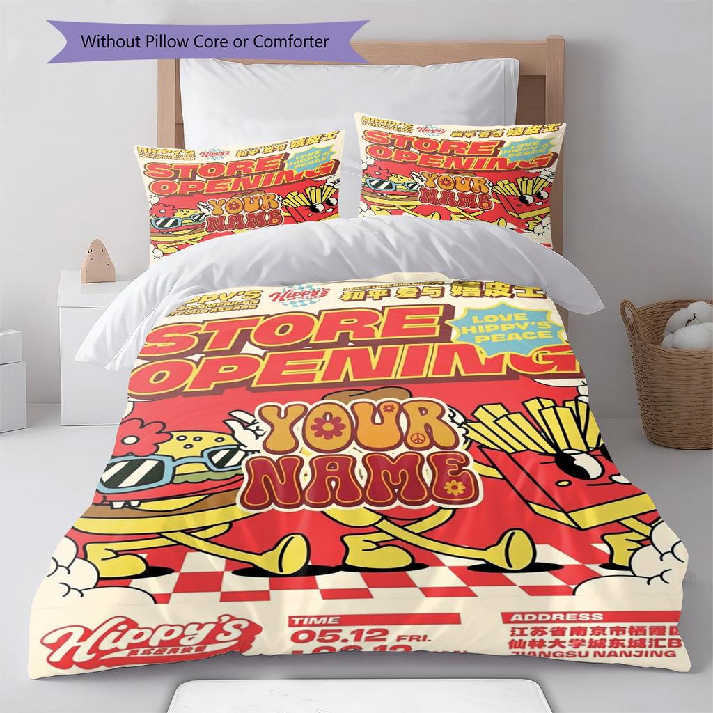 Burger Run Menu Custom Name Pattern Bedding Quilt Set Quilt Cover Pillowcase Home Birthday Gift(1 * duvet cover + 2 * pillowcase, without core)
