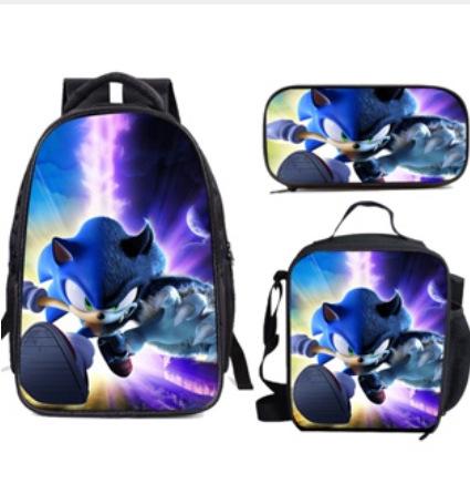 Sonic Primary School Student Schoolbag Three-Piece Set, Animation Cartoon Backpack, Shoulder Bag Pencil Case