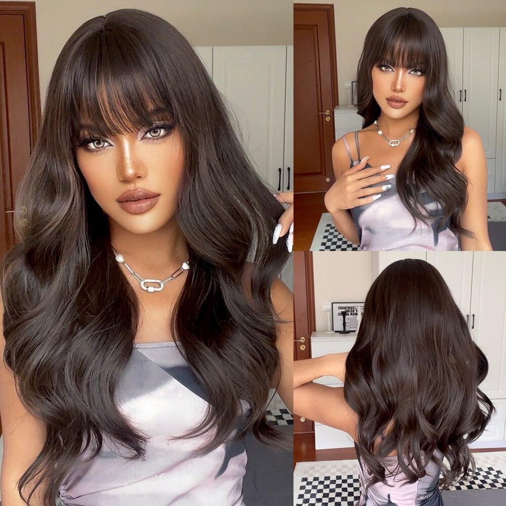 ALAN EATON Long Black Synthetic Wigs with Bangs Natural Wavy Wig for Women Daily Party Natural Looking Hair Heat Resistant Fiber