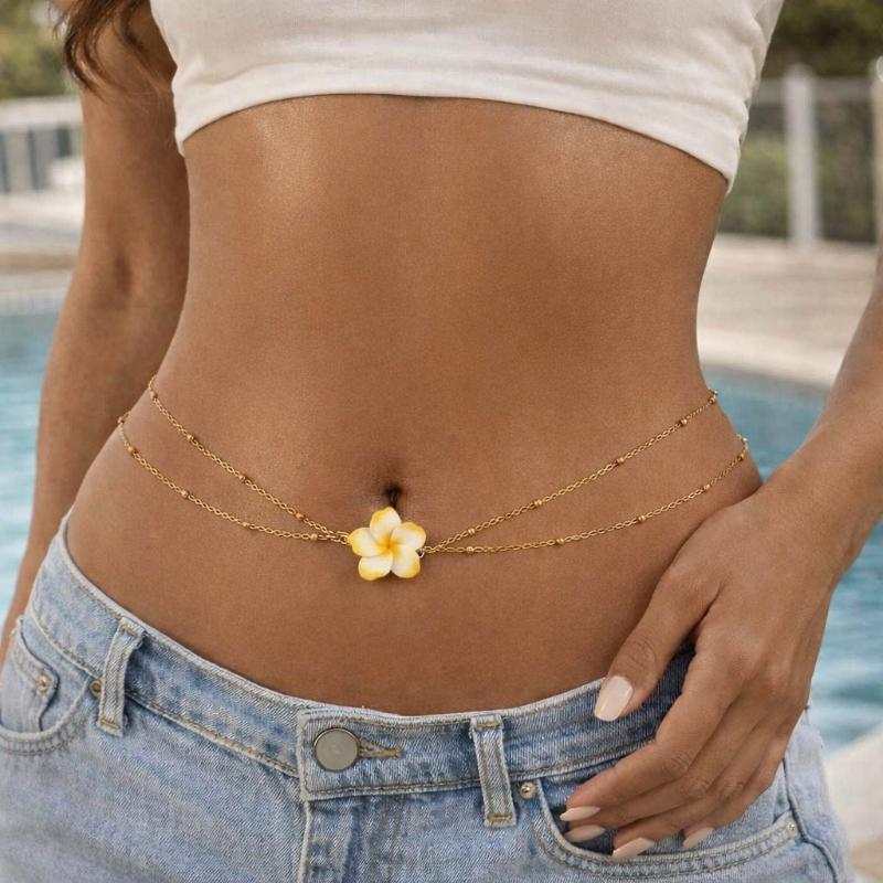 Minimalist Flower Waist Chain Gold Silver Metal Bead Decor Adjustable Body Chain for Swimsuit Cover Up Beach Wear
