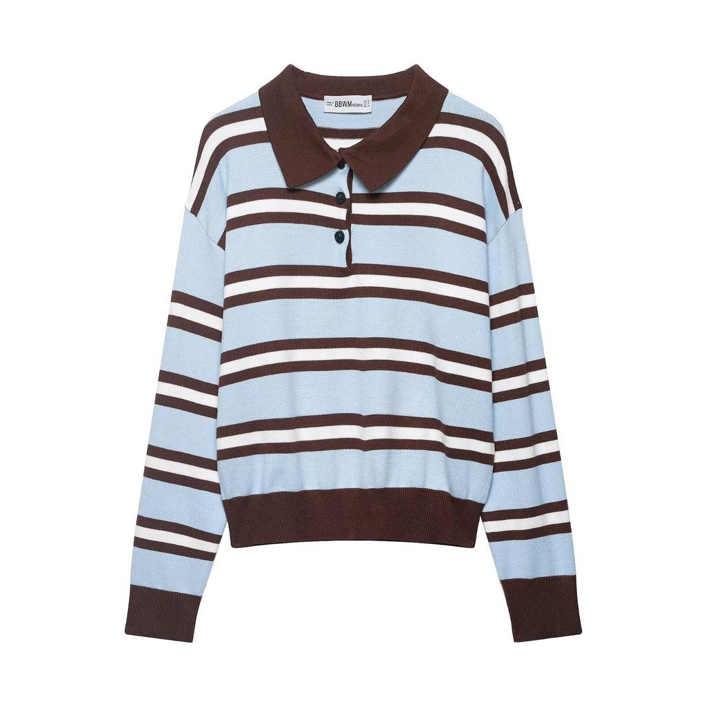 European and American Style, New Women's Clothing, Foreign Style Fashionable Casual Striped POLO Shirt Neck Knitted Sweater