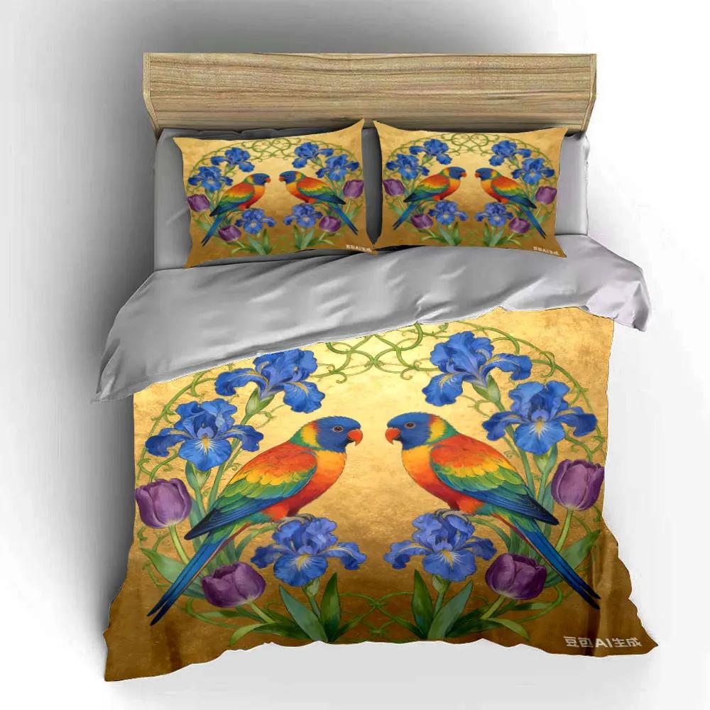 Buntes Papageien-Blumen-Set Dekoration Mehrere Größen Kinder- und Schlafzimmer für Erwachsene Exquisites 3-teiliges Bettwäsche-Set Geschenk