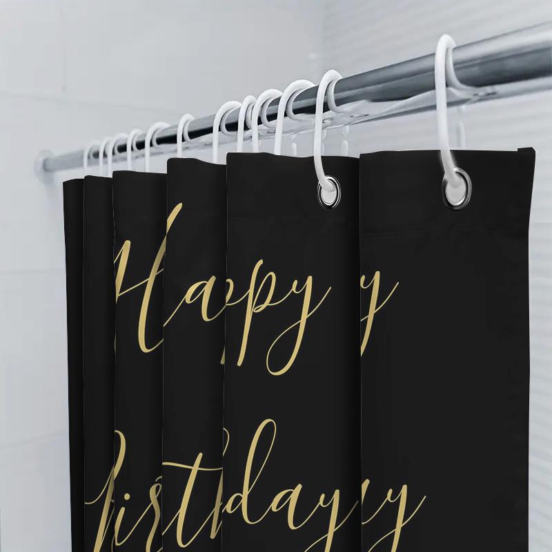 Customizable Happy Birthday Shower Curtain Name Shown In Elegant Gold Lettering On Black Background Perfect For Bat