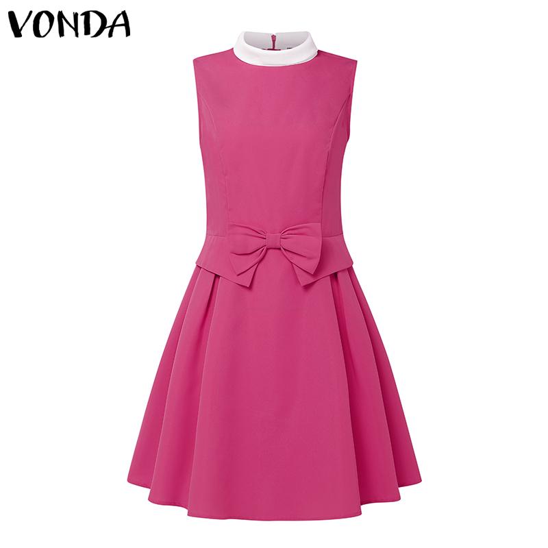 

VONDA Women Summer Mockneck Neck Sleeveless Bow Casual Elegant Pleated Dress 3XL темно-розовый