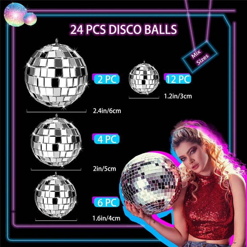 2025 Trend 24 Pcs Mirror Disco Ball Hanging, Glass Disco Ball Decor, Disco Party Decorations, For Holiday Party Decor With Rope