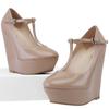 2025 New Autumn Winter Women Pumps 14cm Round Toes T-Strap Platform Wedge High Heels Gladiator Ladies Dress Party Wedding Shoes