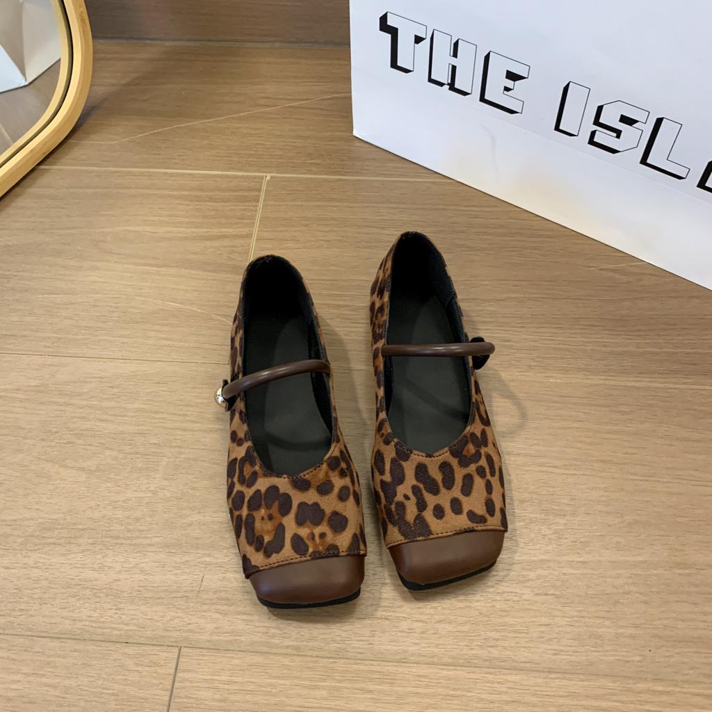 Fashion Women Mary Jane Shoes Fashion Leopard Square Toe Shoes Vintage Slip On 2025 Spring Autumn Soft Sole Suede Ballet Flat Shoes