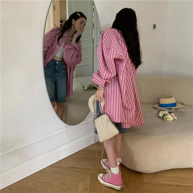 Pink Color-block Striped Shirt for Women, Spring/summer New Mid-length Loose Sun-protection Cardigan, Versatile Shirt, Casual Top