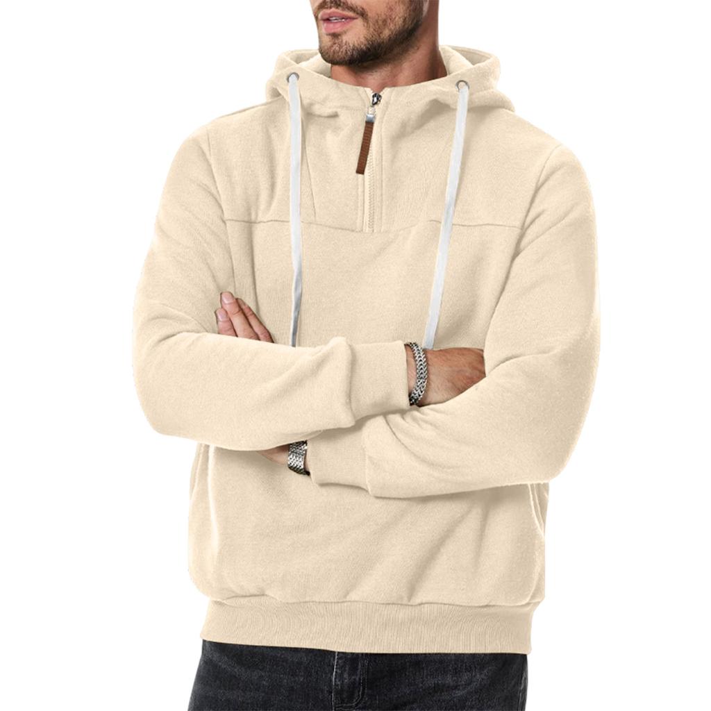 Men's Casual Hooded Sweatshirt Loose Fit Pullover Half Zip Patchwork Design Long Sleeve Pullover for Autumn Winter
