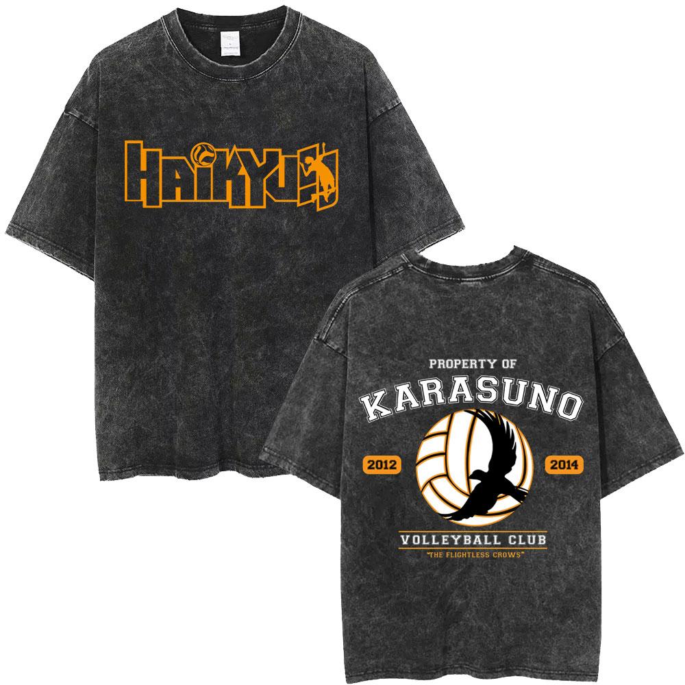 Gewaschenes Vintage Anime Haikyuu KARASUNO Merch T-Shirt Herren Cartoon Manga Oversized T-Shirt Herren Sommer Lässige Kurzarm-T-Shirts