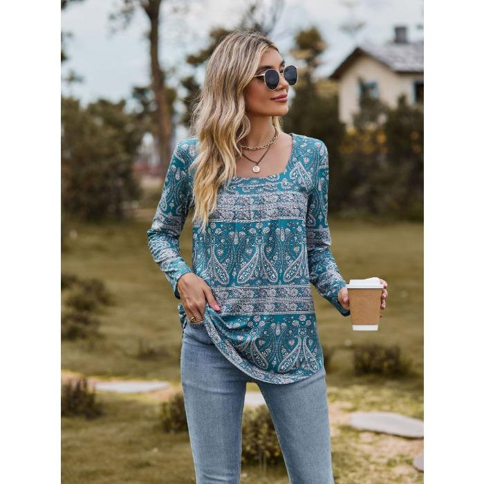 Autumn Women's Blouse Long Sleeve Square Neck Loose Comfortable Casual Printed Top