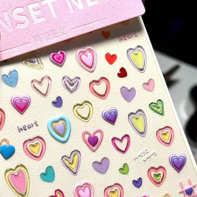 1/3Sheets Colorful Dopamine Jelly Scrapbook Stickers 3D Decal Cute Heart Pattern For Diy Journal Kawaii Nail Decals For Girls
