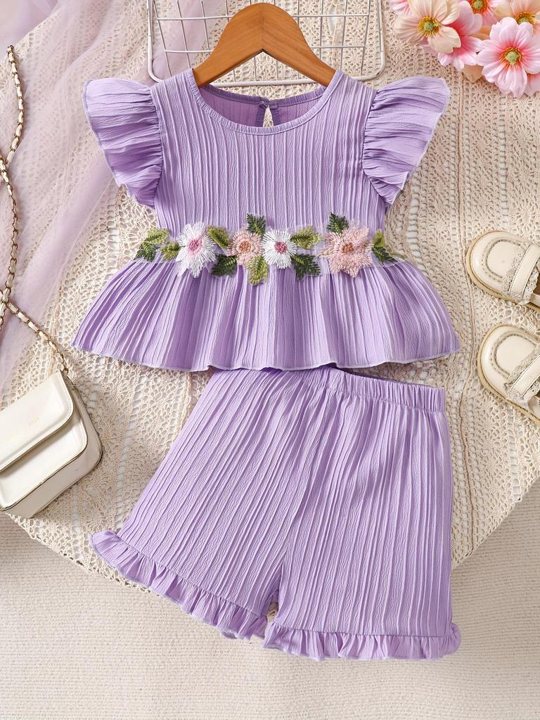 European-American Style Summer Girl's Floral Embroidery Sleeveless Top & Shorts Set