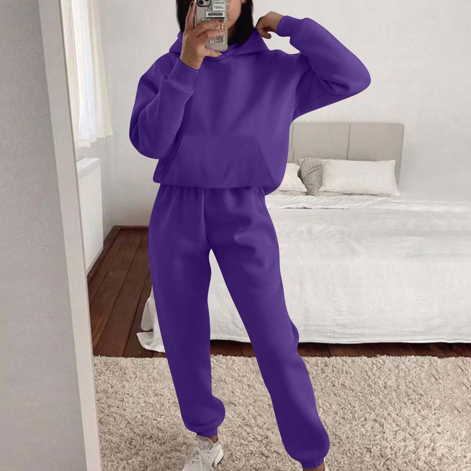 

Женский спортивный костюм с капюшоном, унисекс, двухсекционная одежда для бега, пуловер с длинными рукавами, толстовка с капюшоном + комплект спортивных штанов XXL фиолетовый