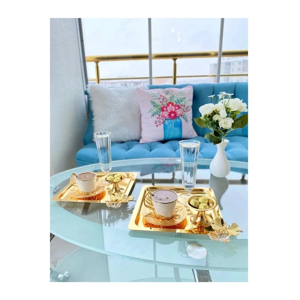 6-piece Luxury Silver Square Coffee Serving Tray | Stainless Steel Coffee, Tea, Decorative With Butterfly Accessory