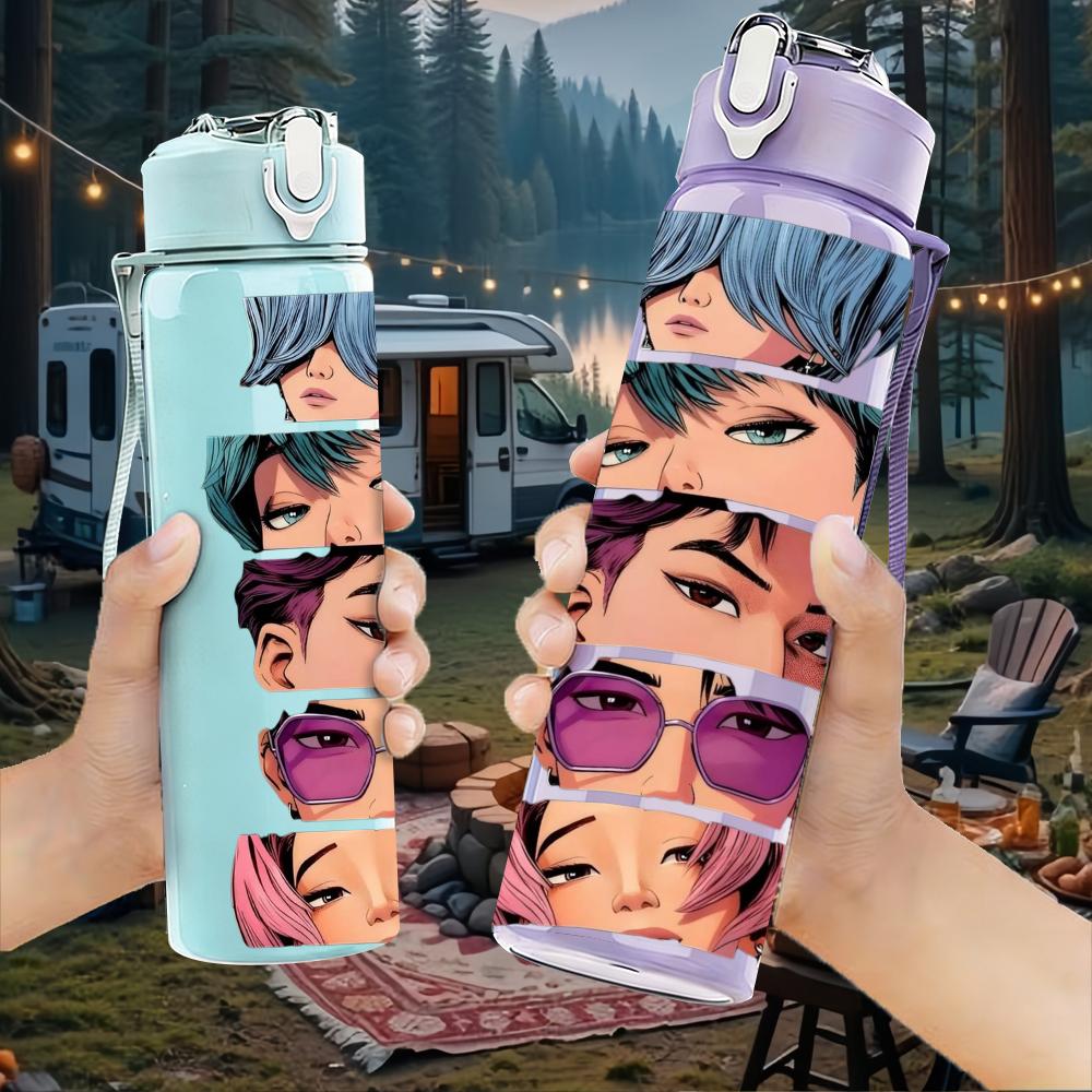 1PC Split Face Multi Tone Anime Lady 750ml Color Plastic Sports Water Bottle Leakproof Flip Straw Lid Suitable for Sports Office Home Use