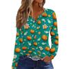 Women's Fashion Casual Halloween Printed V-Neck Button Trim Long Sleeve T-Shirt Top
