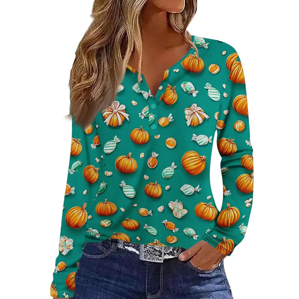 Women's Fashion Casual Halloween Printed V-Neck Button Trim Long Sleeve T-Shirt Top