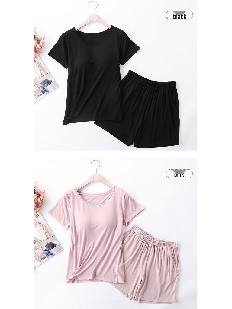 Women's Modal Chest Pad Short Sleeve Pajama Set - Summer Five-Point Shorts