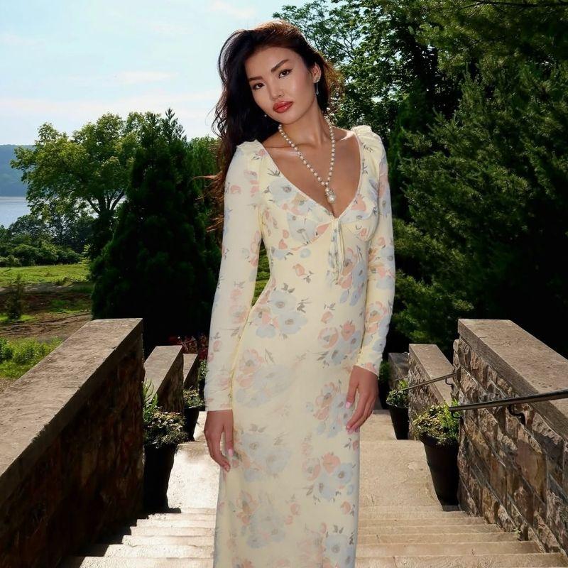 

Французский стиль Сексуальное Ретро Цветочное Волан V-образный вырез Шнуровка Платье Женское Стройное Элегантное Сексуальное Открытая спина Длинное платье Yellow Long Sleeve S