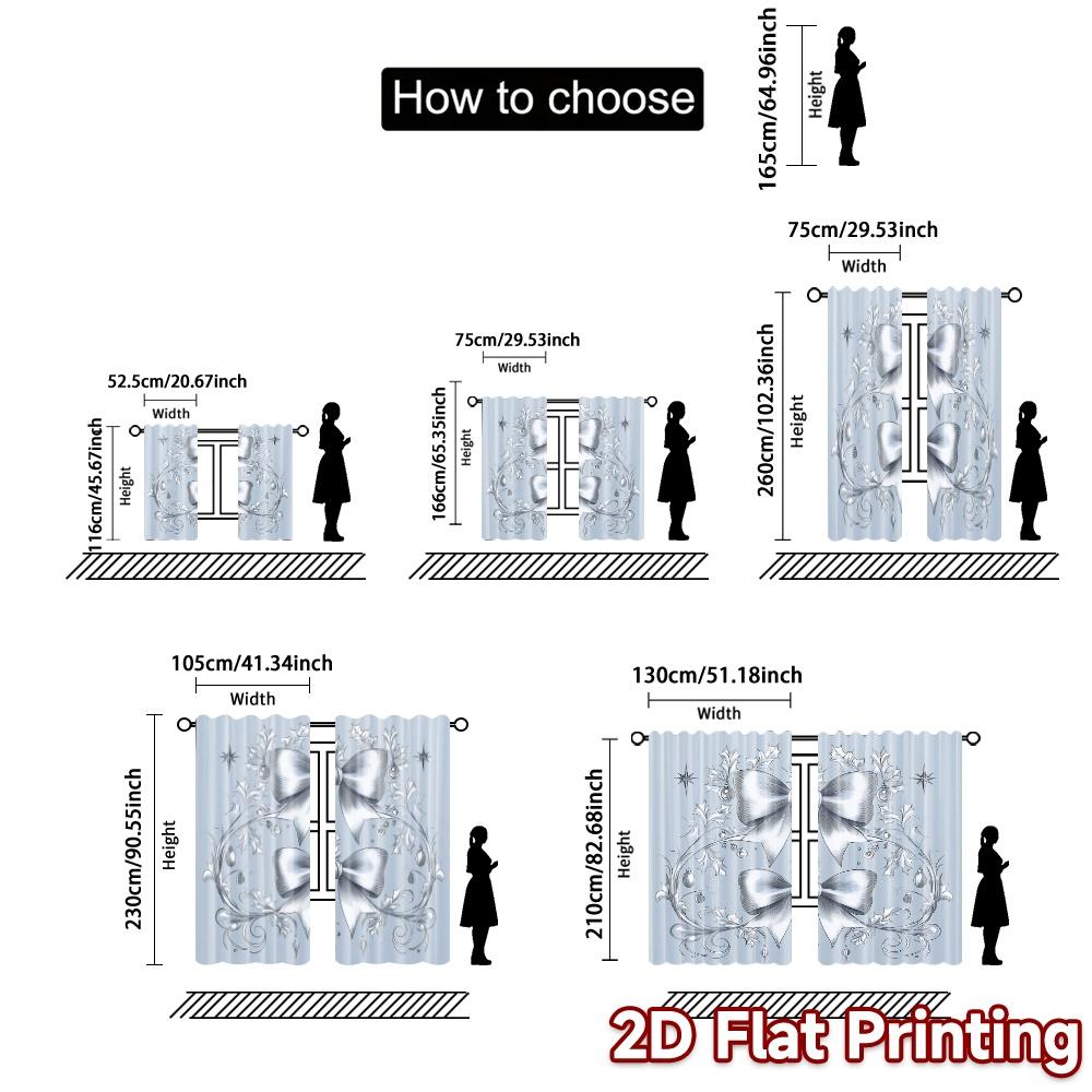 Set Of 2 Modern Curtains Christmas Bow Holly Ornaments Print Polyester Easy Install Decorations Outdoor Ldeal Curtain