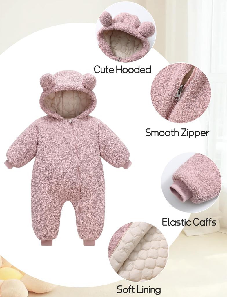 AIEOE Baby Long Sleeve Down Jumpsuit for Boys and Newborn Cute Bear Easy to Baby Shower Size 80 Coverall, Autumn/Winter, Romper, Girls, Hooded,