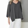Ladies' Casual Fashion Solid Color V-neck Loose Slit Casual Solid Color Cotton And Linen Top