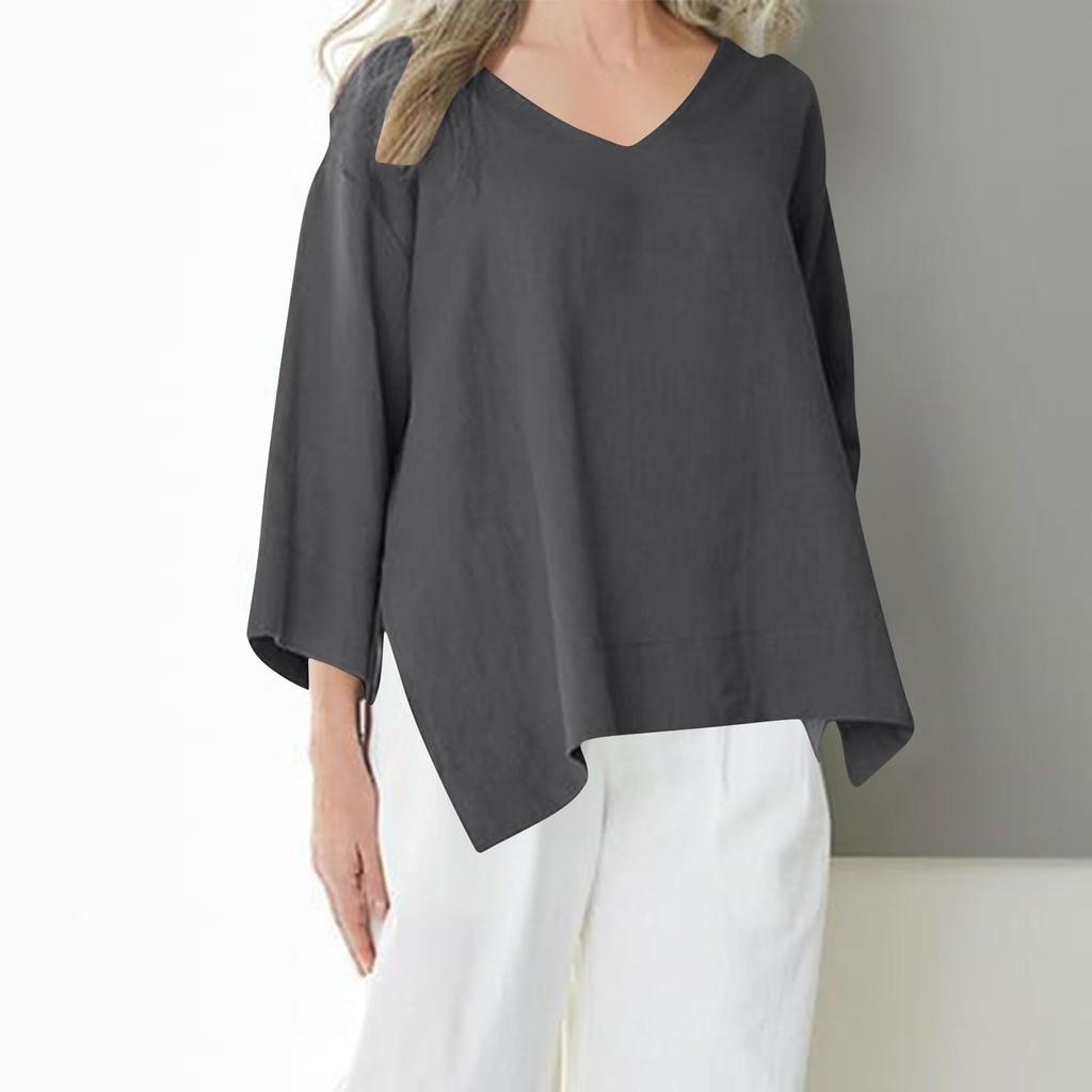 Ladies' Casual Fashion Solid Color V-neck Loose Slit Casual Solid Color Cotton And Linen Top