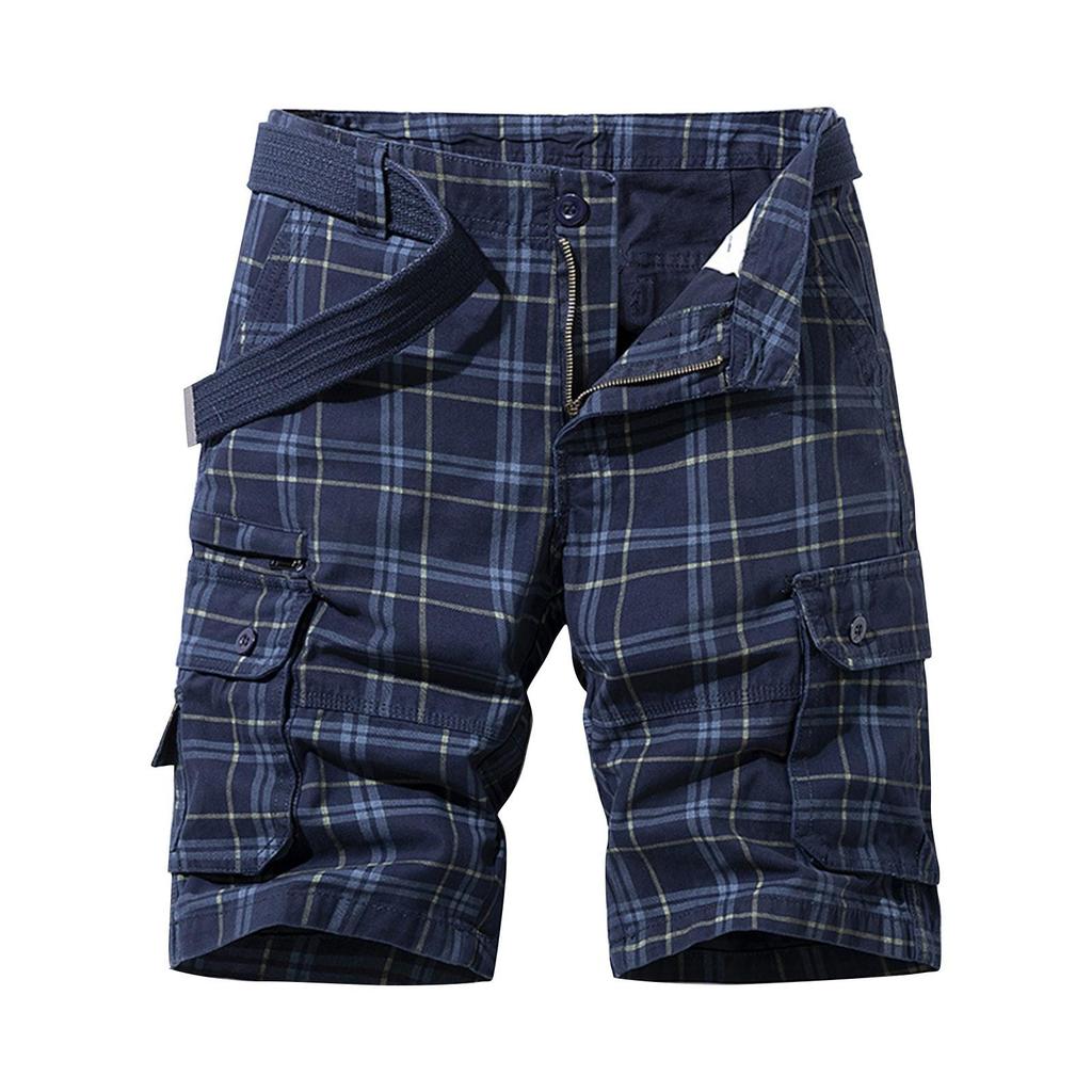 New Pure Cotton Summer Men's Shorts Casual Sports Tooling Five-point Pants Simple Plaid Slim-fitting Medium Pants Multi-bag Pants