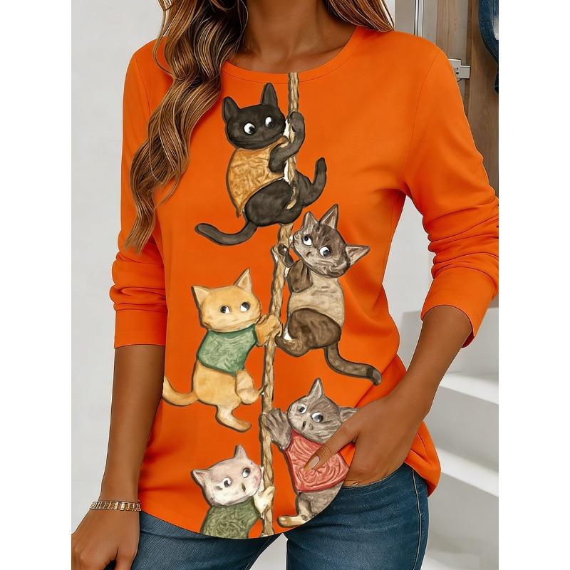 Women's Long-Sleeve T-Shirt for Autumn, Cat Climbing Rope Print Street Style Casual Crew Neck Pullover Loose Fit Outdoor T-Shirt
