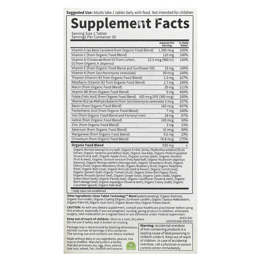 Organic, Once Daily, Prenatal, Whole Food Multivitamin, Vegan Tablets 30