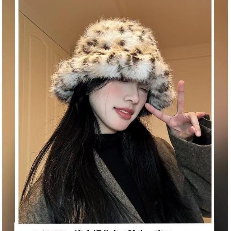 Leopard Print Plush Bucket Hat Outdoor Versatile Face Slimming Hat