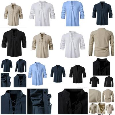 Men's V-neck Shirt T-shirt Fashion Vintage Thin Long Sleeve Top Men Casual Breathable Viking Front Lace Up Man Shirts