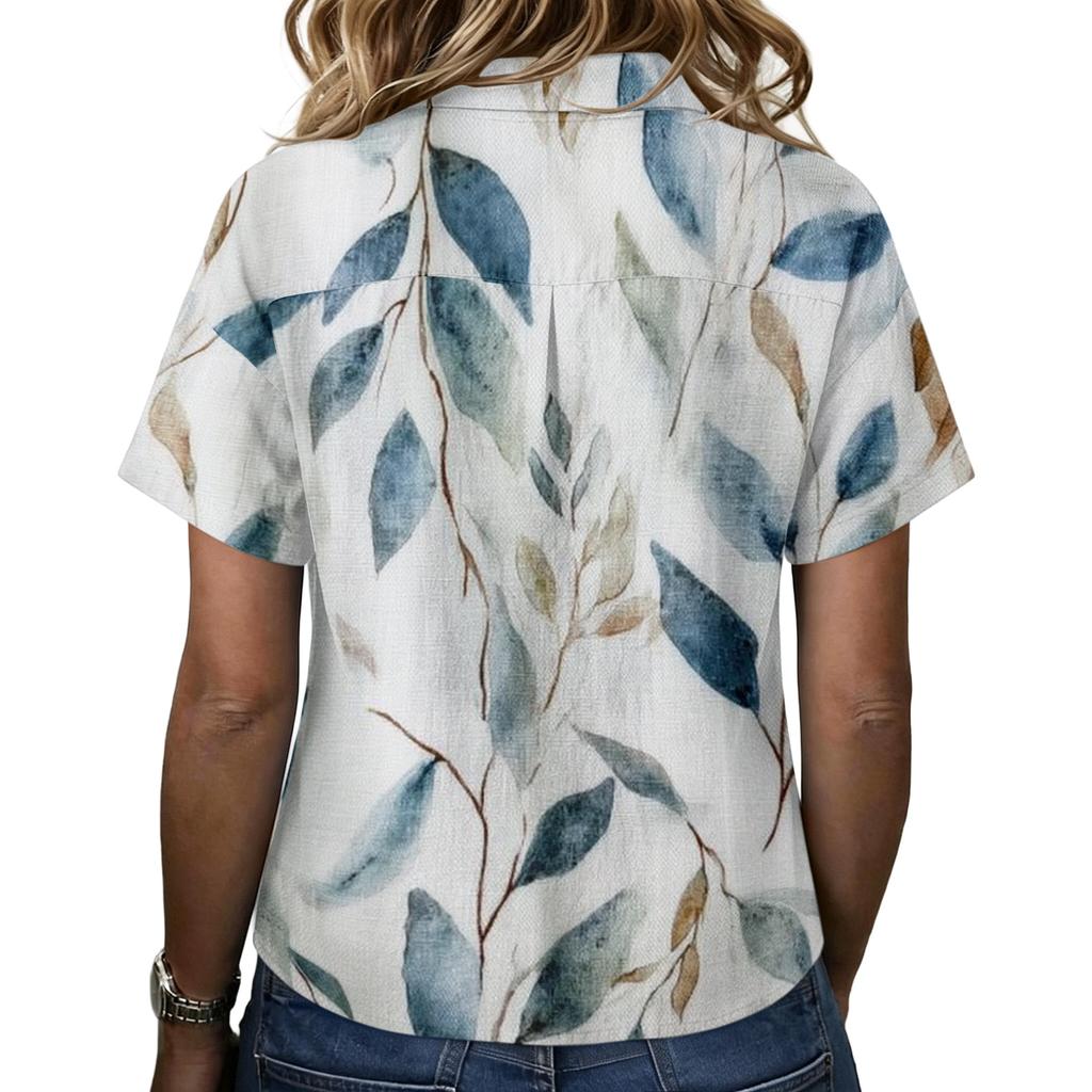 Women Turn Down Collar Button Up Retro Floral Print Imitation Cotton Linen Loose Fit Short Sleeve T Shirt Top for Daily Wear
