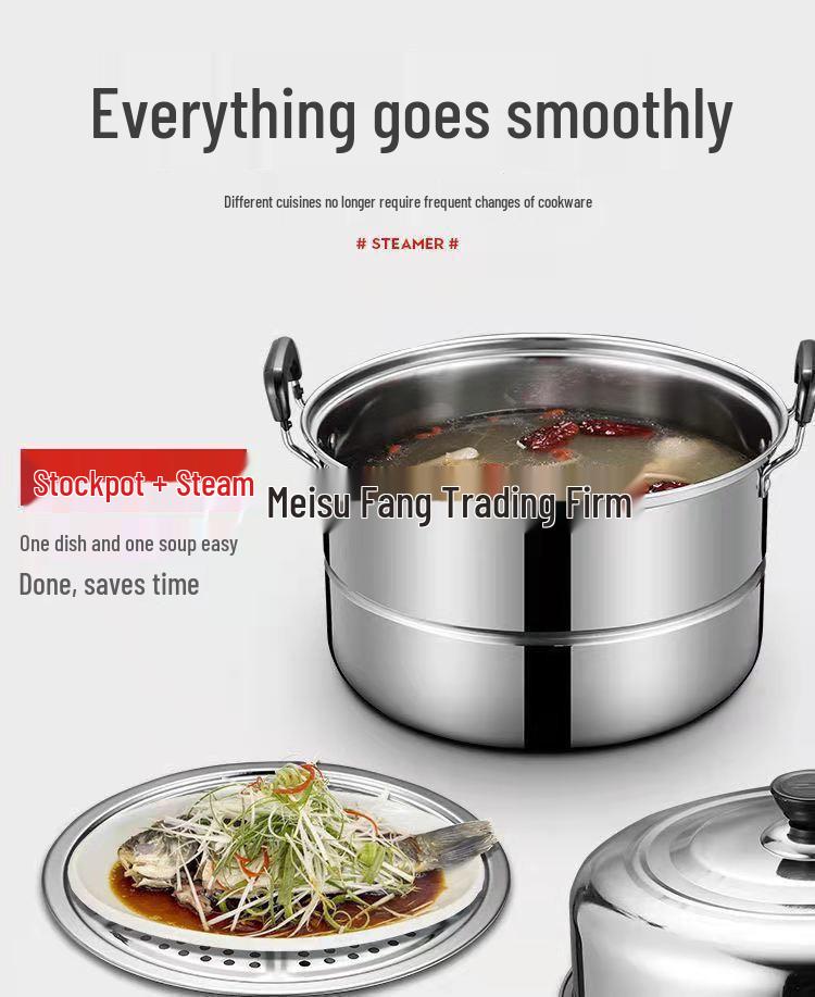 Large Dual-Layer Stainless Steel Steamer & Soup Pot for Induction and Gas Stoves