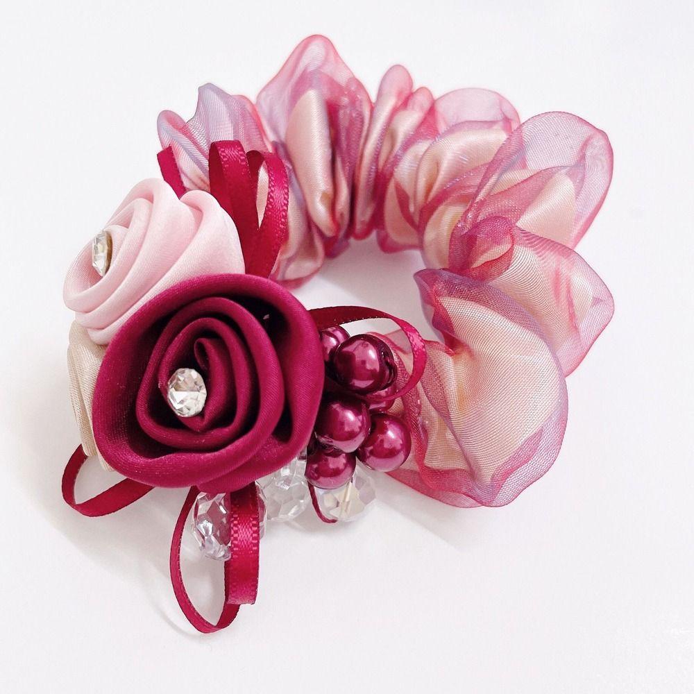 Headwear Beaded Hair Bands Flower Mesh Scrunchies Women Hair Ties Hair Rubber Bands Double Layer