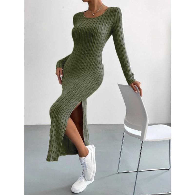 Abito Lungo da Donna a Maniche Lunghe con Scollo Rotondo e Spacco in Maglia