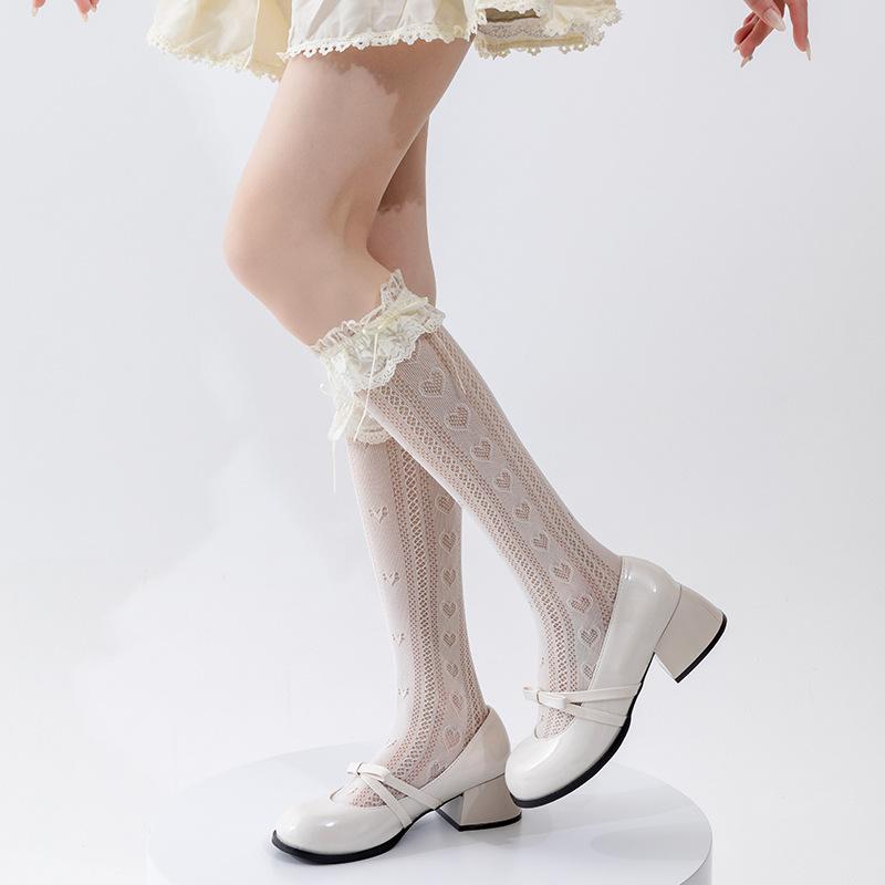 

Кружевные носки с бантом для женщин весна и лето, тонкие носки до середины икры в стиле Лолиты, белые балетные носки-гольфы Мэри Джейн 1 pair бежевый