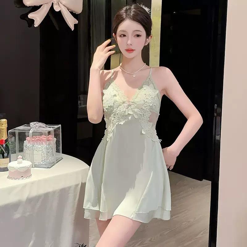 Summer thin women's ice silk suspender nightgown two-piece set high-end sexy lace pajamas with chest