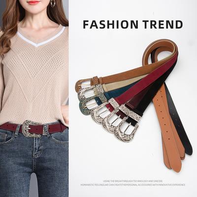 Women'S Leather Belt Personalized Retro Style Carved Needle Buckle Skirt Decorative Belt Women