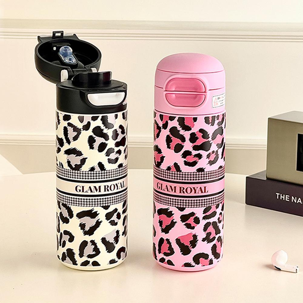 Baifenbai Home Furnishing Girls Fashion Leopard Print Double Drink Thermos Cup Trend New Water Cup Portable Portable Stainless Steel Straw Cup Gifts