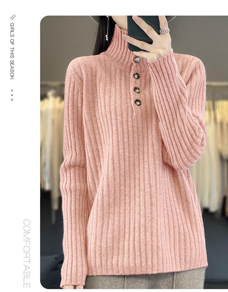 Women's Striped High Neck Wool Sweater - Half-Button, Slimming Fit, Autumn/Winter Knit Pullover