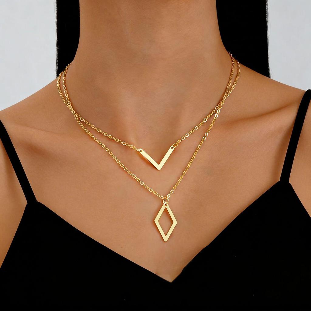 Modern Geometric V-Shape Rhombus Necklace Set - 2-Piece Fashion Pendant for Women