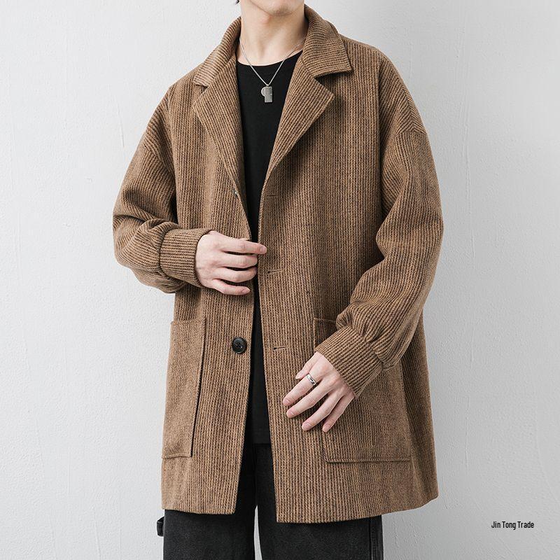 Men's Corduroy Wool Coat - Mid-Length, Loose Fit, Spring/Autumn, Hong Kong & Korean Style