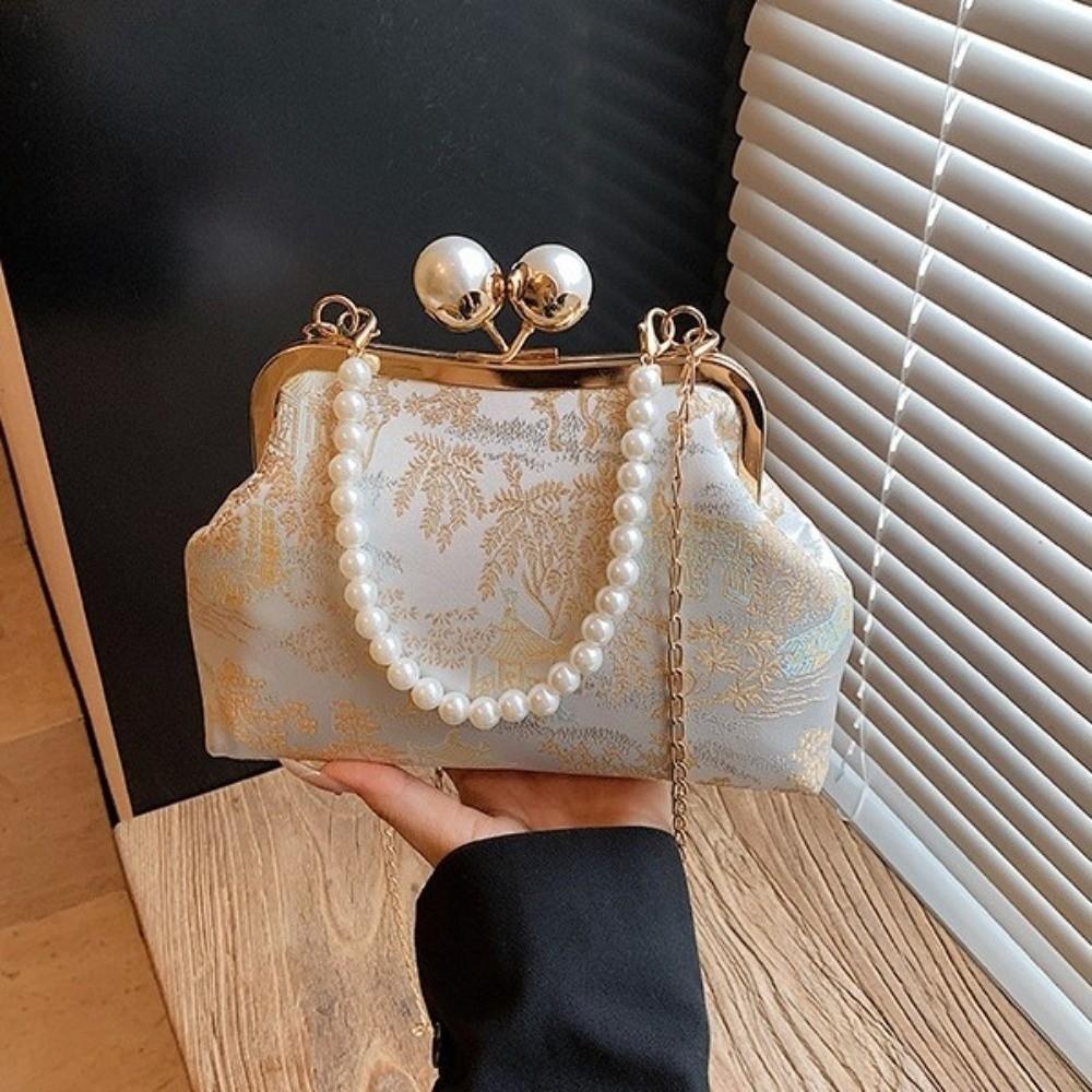 Embroidery Hanfu Shell Shoulder Bags Faux Pearl Chain Evening Purse  Banquet Occasions